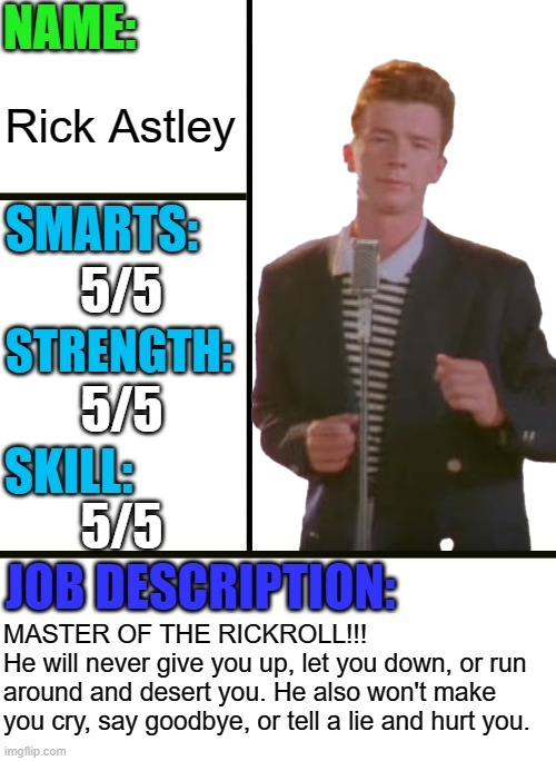 Your bosses just got Rickrolled | Rick Astley; 5/5; 5/5; 5/5; MASTER OF THE RICKROLL!!!
He will never give you up, let you down, or run around and desert you. He also won't make you cry, say goodbye, or tell a lie and hurt you. | image tagged in never gonna give you up,never gonna let you down,never gonna run around,and desert you,rickroll,rick astley | made w/ Imgflip meme maker