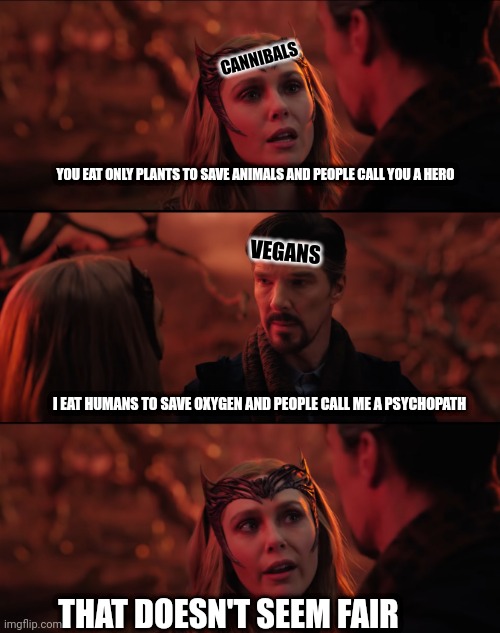 It doesn't seem fair | CANNIBALS; YOU EAT ONLY PLANTS TO SAVE ANIMALS AND PEOPLE CALL YOU A HERO; VEGANS; I EAT HUMANS TO SAVE OXYGEN AND PEOPLE CALL ME A PSYCHOPATH; THAT DOESN'T SEEM FAIR | image tagged in it doesn't seem fair | made w/ Imgflip meme maker