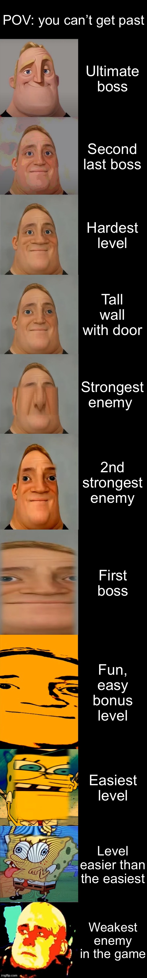 Most of them are dumb | POV: you can’t get past; Ultimate boss; Second last boss; Hardest level; Tall wall with door; Strongest enemy; 2nd strongest enemy; First boss; Fun, easy bonus level; Easiest level; Level easier than the easiest; Weakest enemy in the game | image tagged in mr incredible becoming idiot extended | made w/ Imgflip meme maker