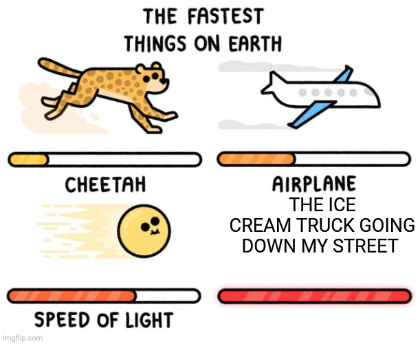 I've only ever got to the ice cream truck twice before it went down the street | THE ICE CREAM TRUCK GOING DOWN MY STREET | image tagged in fastest thing possible | made w/ Imgflip meme maker