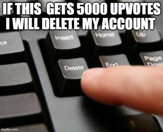 Delete | IF THIS  GETS 5000 UPVOTES I WILL DELETE MY ACCOUNT | image tagged in delete | made w/ Imgflip meme maker
