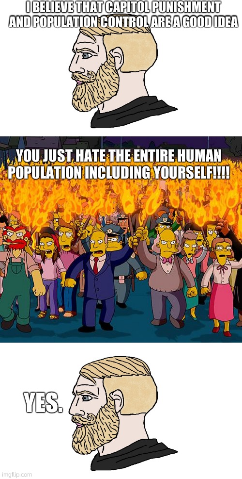 Yeah, basically. | I BELIEVE THAT CAPITOL PUNISHMENT AND POPULATION CONTROL ARE A GOOD IDEA; YOU JUST HATE THE ENTIRE HUMAN POPULATION INCLUDING YOURSELF!!!! YES. | image tagged in chad yes,angry mob,memes,reality | made w/ Imgflip meme maker