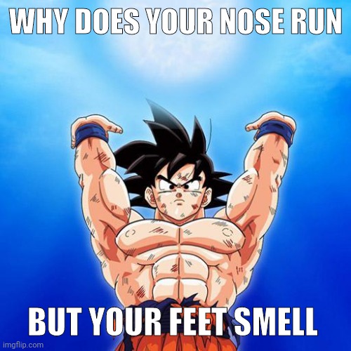 goku spirit bomb | WHY DOES YOUR NOSE RUN BUT YOUR FEET SMELL | image tagged in goku spirit bomb | made w/ Imgflip meme maker