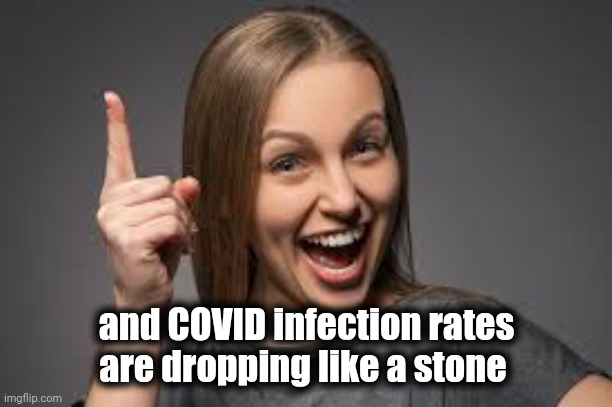 eureka face | and COVID infection rates are dropping like a stone | image tagged in eureka face | made w/ Imgflip meme maker