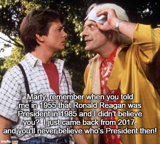 Doc Brown Marty McFly Donald Trump | Marty, remember when you told me in 1955 that Ronald Reagan was President in 1985 and I didn't believe you?  I just came back from 2017, and you'll never believe who's President then! | image tagged in doc brown marty mcfly,donald trump,2017 | made w/ Imgflip meme maker