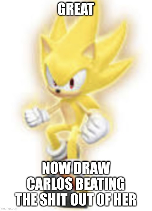 Low quality super sonic | GREAT NOW DRAW CARLOS BEATING THE SHIT OUT OF HER | image tagged in low quality super sonic | made w/ Imgflip meme maker