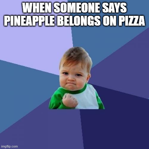 Success Kid Meme | WHEN SOMEONE SAYS PINEAPPLE BELONGS ON PIZZA | image tagged in memes,success kid | made w/ Imgflip meme maker