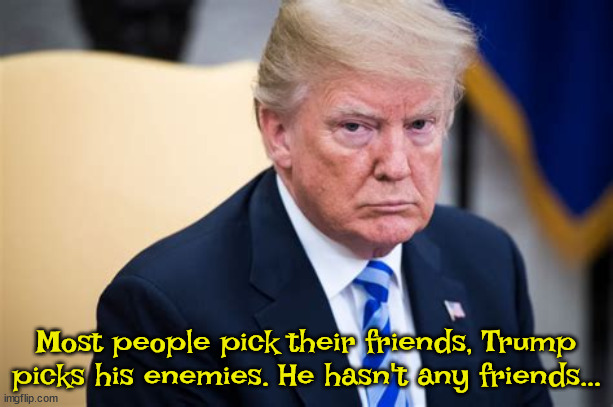Picks... | Most people pick their friends, Trump picks his enemies. He hasn't any friends... | image tagged in enimies,donald trump,traitor,maga,sociopath | made w/ Imgflip meme maker