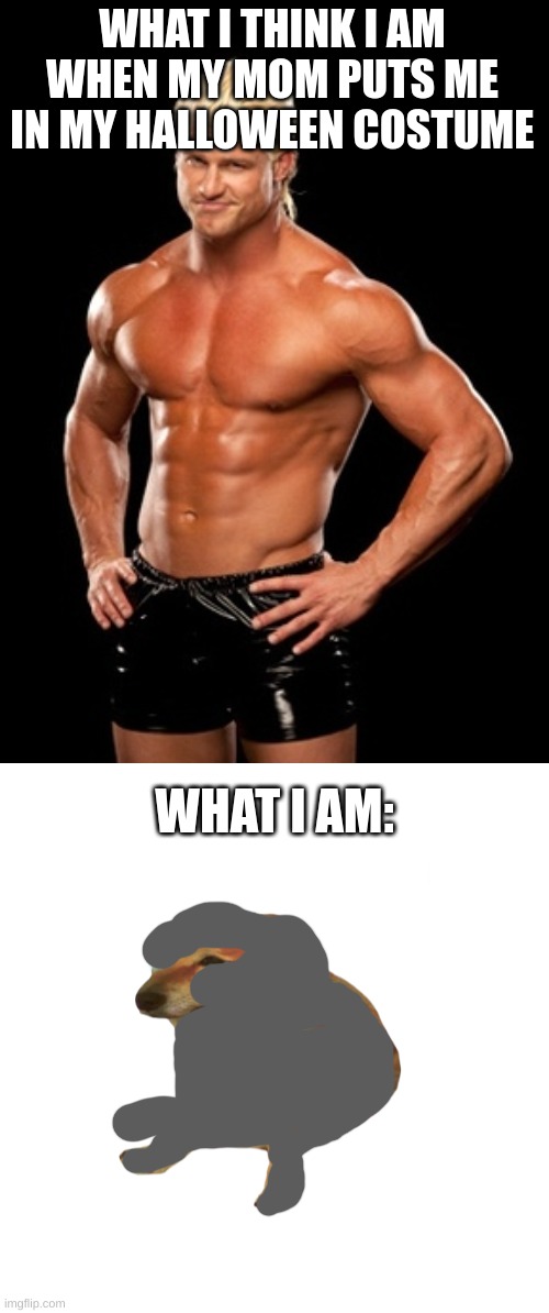 WHAT I THINK I AM WHEN MY MOM PUTS ME IN MY HALLOWEEN COSTUME WHAT I AM: | image tagged in memes,dolph ziggler sells,cheems sad | made w/ Imgflip meme maker