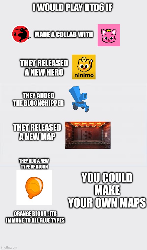 i made an update concept for btd6 | I WOULD PLAY BTD6 IF; MADE A COLLAB WITH; THEY RELEASED A NEW HERO; THEY ADDED THE BLOONCHIPPER; THEY RELEASED A NEW MAP; YOU COULD MAKE YOUR OWN MAPS; THEY ADD A NEW
 TYPE OF BLOON; ORANGE BLOON : ITS IMMUNE TO ALL GLUE TYPES | image tagged in btd6,funny memes,memes | made w/ Imgflip meme maker
