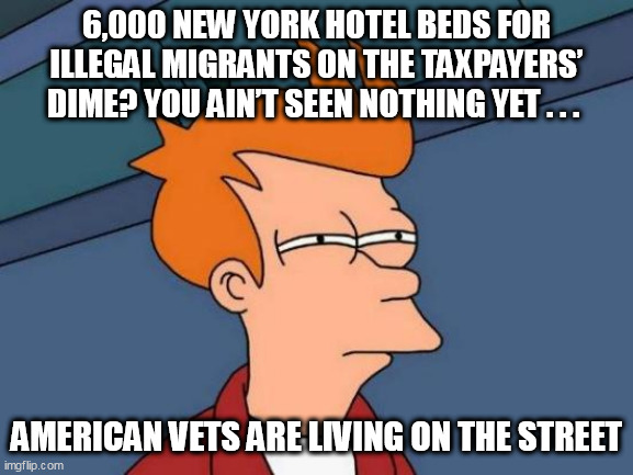 Futurama Fry Meme | 6,000 NEW YORK HOTEL BEDS FOR ILLEGAL MIGRANTS ON THE TAXPAYERS’ DIME? YOU AIN’T SEEN NOTHING YET . . . AMERICAN VETS ARE LIVING ON THE STREET | image tagged in memes,futurama fry | made w/ Imgflip meme maker