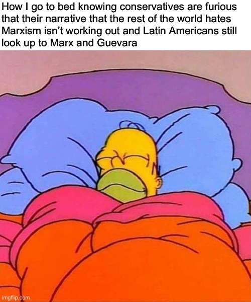And Castro | How I go to bed knowing conservatives are furious
that their narrative that the rest of the world hates
Marxism isn’t working out and Latin Americans still
look up to Marx and Guevara | image tagged in homer napping,fidel castro,cuba,marxism,socialism,conservative logic | made w/ Imgflip meme maker