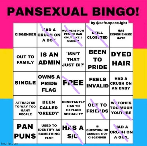why do I relate to so few of these- | image tagged in pansexual bingo | made w/ Imgflip meme maker