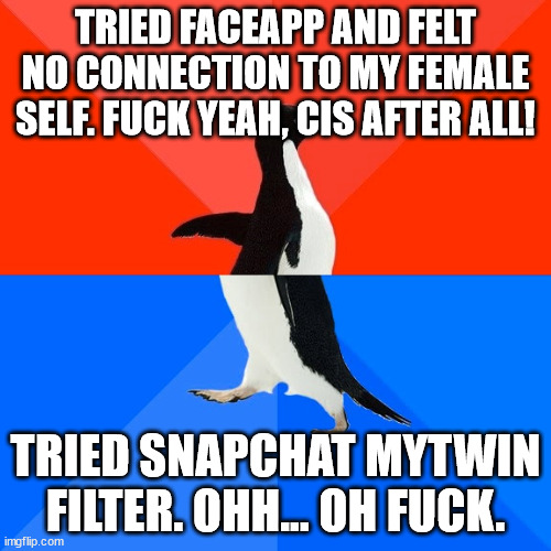 Socially Awesome Awkward Penguin Meme | TRIED FACEAPP AND FELT NO CONNECTION TO MY FEMALE SELF. FUCK YEAH, CIS AFTER ALL! TRIED SNAPCHAT MYTWIN FILTER. OHH... OH FUCK. | image tagged in memes,socially awesome awkward penguin | made w/ Imgflip meme maker