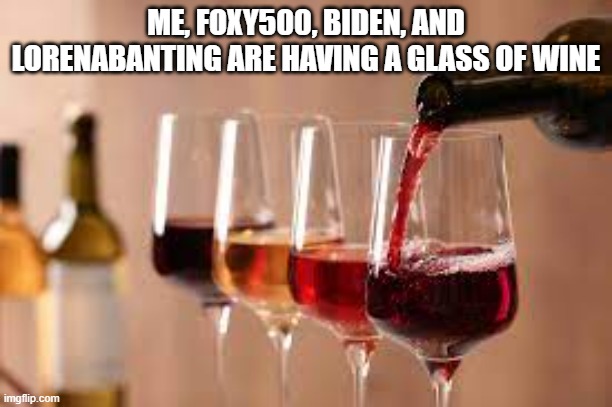 Wine | ME, FOXY500, BIDEN, AND LORENABANTING ARE HAVING A GLASS OF WINE | image tagged in wine | made w/ Imgflip meme maker