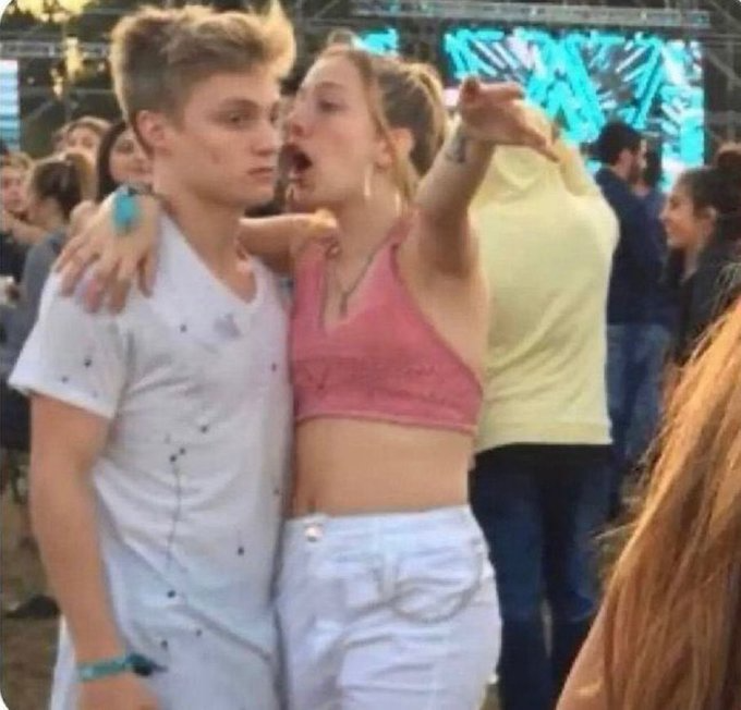 girl whispering in guy's ear Blank Meme Template