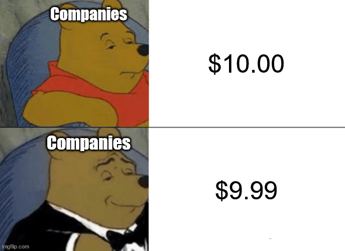 why do they do this shit | Companies; $10.00; $9.99; Companies | image tagged in memes,tuxedo winnie the pooh | made w/ Imgflip meme maker