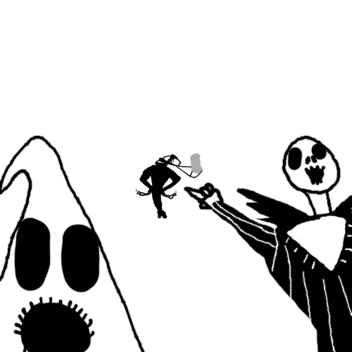 High Quality Oogie Boogie and Jack Skellington pointing at the stair creature Blank Meme Template