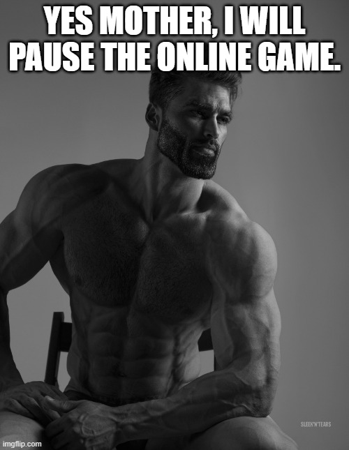 when your mom calls you | YES MOTHER, I WILL PAUSE THE ONLINE GAME. | image tagged in giga chad | made w/ Imgflip meme maker