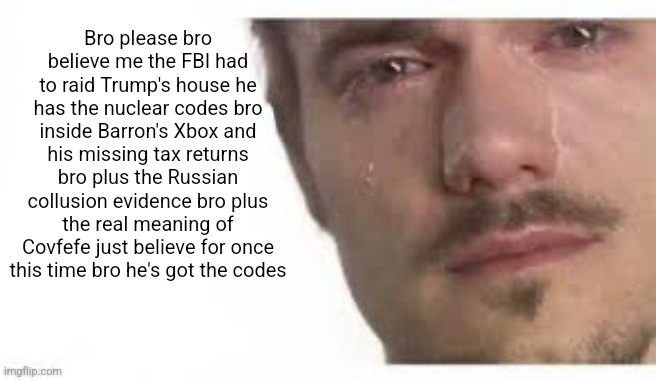Bro | Bro please bro believe me the FBI had to raid Trump's house he has the nuclear codes bro inside Barron's Xbox and his missing tax returns bro plus the Russian collusion evidence bro plus the real meaning of Covfefe just believe for once this time bro he's got the codes | image tagged in bro please bro,trump,fbi,xbox,covfefe,russian investigation | made w/ Imgflip meme maker