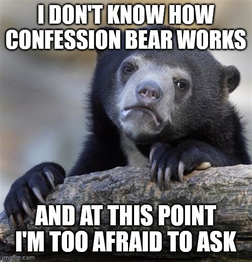 Confession Bear Meme | I DON'T KNOW HOW CONFESSION BEAR WORKS; AND AT THIS POINT I'M TOO AFRAID TO ASK | image tagged in memes,confession bear | made w/ Imgflip meme maker