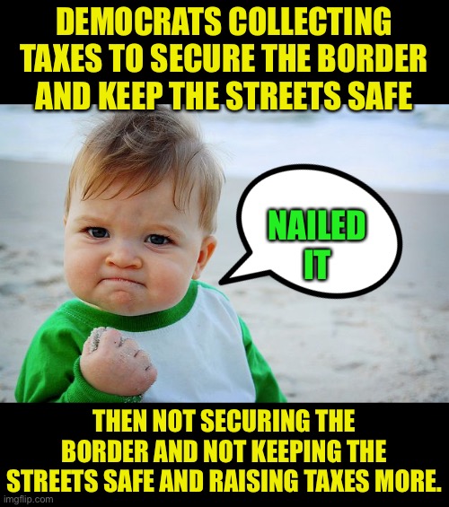 The idiocracy is real | DEMOCRATS COLLECTING TAXES TO SECURE THE BORDER AND KEEP THE STREETS SAFE; NAILED IT; THEN NOT SECURING THE BORDER AND NOT KEEPING THE STREETS SAFE AND RAISING TAXES MORE. | image tagged in success kid / nailed it kid,looney left,how long do we leave the border open,criminals run the streets thank democraps | made w/ Imgflip meme maker