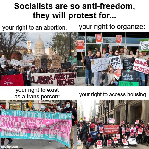 Socialists HATE rights & freedom | Socialists are so anti-freedom, they will protest for... your right to an abortion:; your right to organize:; your right to exist
as a trans person:; your right to access housing: | image tagged in freedom,socialism,communism,democratic socialism,human rights,conservative logic | made w/ Imgflip meme maker