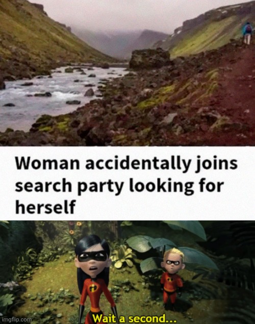 Looking for herself | image tagged in the incredibles violet wait a second,search party,news,memes,meme,search | made w/ Imgflip meme maker