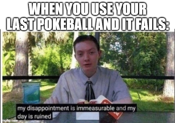 My dissapointment is immeasurable and my day is ruined | WHEN YOU USE YOUR LAST POKEBALL AND IT FAILS: | image tagged in my dissapointment is immeasurable and my day is ruined | made w/ Imgflip meme maker