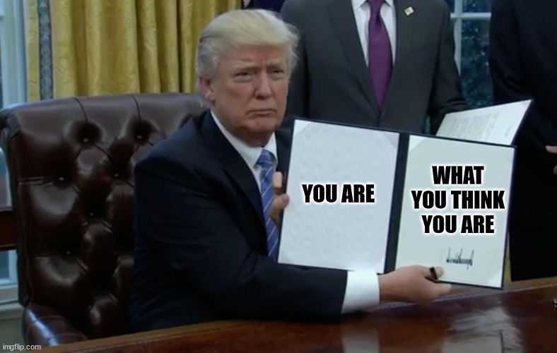 Executive Order Trump | YOU ARE WHAT YOU THINK YOU ARE | image tagged in executive order trump | made w/ Imgflip meme maker