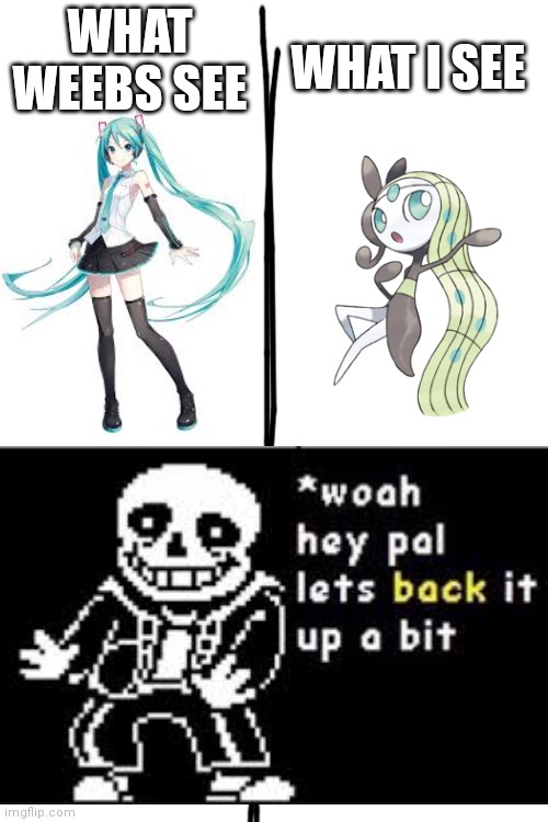 This is how i see Hatsune Miku | WHAT WEEBS SEE; WHAT I SEE | image tagged in blank white template,hatsune miku,vocaloid,woah hey pal lets back it up a bit,pokemon,pokemon memes | made w/ Imgflip meme maker