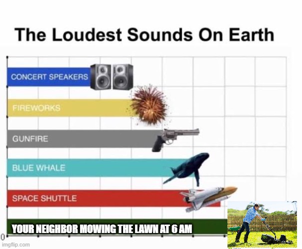 Loudest things on earth | YOUR NEIGHBOR MOWING THE LAWN AT 6 AM | image tagged in the loudest sounds on earth | made w/ Imgflip meme maker