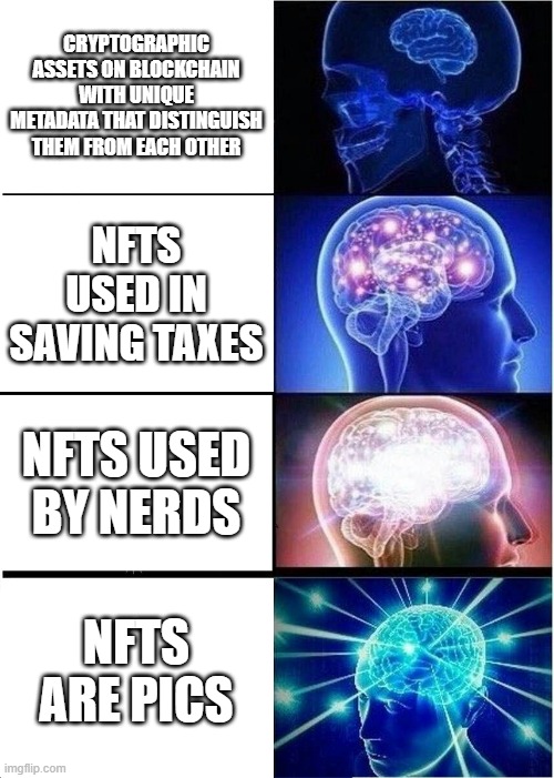 Expanding Brain Meme | CRYPTOGRAPHIC ASSETS ON BLOCKCHAIN WITH UNIQUE METADATA THAT DISTINGUISH THEM FROM EACH OTHER; NFTS USED IN SAVING TAXES; NFTS USED BY NERDS; NFTS ARE PICS | image tagged in memes,expanding brain | made w/ Imgflip meme maker