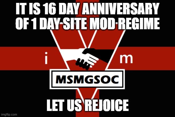 MSMGSOC flag | IT IS 16 DAY ANNIVERSARY OF 1 DAY SITE MOD REGIME; LET US REJOICE | image tagged in msmgsoc flag | made w/ Imgflip meme maker