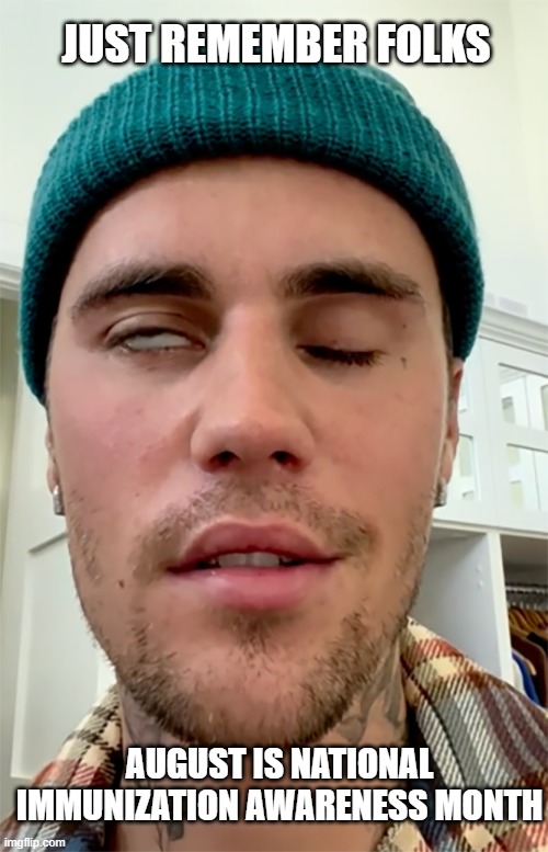 National Immunization Awareness Month | JUST REMEMBER FOLKS; AUGUST IS NATIONAL IMMUNIZATION AWARENESS MONTH | image tagged in justin bieber face paralyzed | made w/ Imgflip meme maker