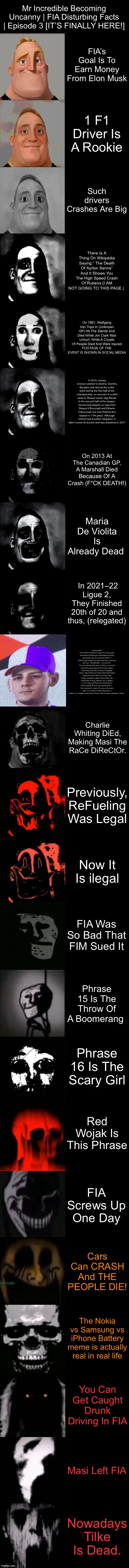 Mr Incredible Becoming Uncanny | FIA Disturbing Facts | Episode 3 [IT’S FINALLY HERE!] | Mr Incredible Becoming Uncanny | FIA Disturbing Facts | Episode 3 [IT’S FINALLY HERE!]; FIA’s Goal Is To Earn Money From Elon Musk; 1 F1 Driver Is A Rookie; Such drivers Crashes Are Big; There Is A Thing On Wikipedia Saying “ The Death Of Ayrton Senna” And It Shows You The High Speed Crash Of Rubens (I AM NOT GOING TO THIS PAGE.); On 1961, Wolfgang Von Trips In (Unknown GP) Hit The Stands And Died While Jim Clark Was Unhurt, While A Couple Of People Died And Were Injured
FOOTAGE OF THE EVENT IS SHOWN IN SOCIAL MEDIA; In 2010, Unirea Urziceni started to decline. Dumitru Bucșaru sold almost the entire team during the first half of the championship, on account of a debt owed to Steaua owner Gigi Becali. In the second half of the season, Unirea took players on loan from Steaua II București and Dinamo II București, but only finished the season in 17th place. Although Unirea had avoided relegation, it didn't renew its license and was dissolved in 2011; On 2013 At The Canadian GP, A Marshall Died Because Of A Crash (F*CK DEATH!); Maria De Violita Is Already Dead; In 2021–22
Ligue 2, They Finished 20th of 20 and thus, (relegated); Astra qualified for the UEFA Champions League, but were quickly eliminated by Danish side Copenhagen.[22] Astra reached the play-off round of the 2016–17 UEFA Europa League and faced West Ham, which they also met – and defeated – one year prior. The club defeated West Ham 0–1[23] in London and reached the group stage of the Europa League, where they were drawn in Group E alongside Roma, Viktoria Plzeň and Austria Wien.[24] Despite having zero points after two rounds, Astra Giurgiu managed to defeat Viktoria Plzeň and Austria Wien in away matches; this, in addition to a 0–0 draw with Roma and Austria Wien's failure against Plzeň secured Astra's place in the tournament's round of 32, where they faced Genk. A 2–2 draw at Giurgiu followed by a defeat, 0–1 in Belgium ended Astra Giurgiu's best European campaign in history. Charlie Whiting DiEd, Making Masi The RaCe DiReCtOr. Previously, ReFueling Was Legal; Now It Is ilegal; FIA Was So Bad That FIM Sued It; Phrase 15 Is The Throw Of A Boomerang; Phrase 16 Is The Scary Girl; Red Wojak Is This Phrase; FIA Screws Up One Day; Cars Can CRASH And THE PEOPLE DIE! The Nokia vs Samsung vs iPhone Battery meme is actually real in real life; You Can Get Caught Drunk Driving In FIA; Masi Left FIA; Nowadays Tilke Is Dead. | image tagged in mr incredible becoming uncanny extended hd | made w/ Imgflip meme maker