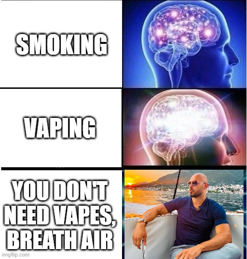 Expanding brain 3 panels | SMOKING; VAPING; YOU DON'T NEED VAPES, BREATH AIR | image tagged in expanding brain 3 panels | made w/ Imgflip meme maker