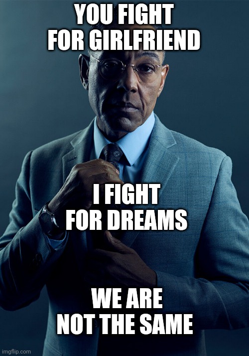 We Are Not The Same | YOU FIGHT FOR GIRLFRIEND; I FIGHT FOR DREAMS; WE ARE NOT THE SAME | image tagged in gus fring we are not the same,overly attached girlfriend 2,dream,fight,same,motivation | made w/ Imgflip meme maker