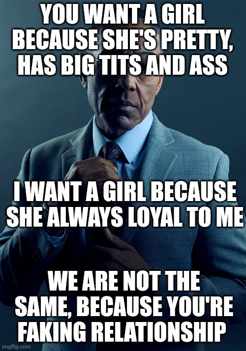 Gus Fring we are not the same | YOU WANT A GIRL BECAUSE SHE'S PRETTY, HAS BIG TITS AND ASS I WANT A GIRL BECAUSE SHE ALWAYS LOYAL TO ME WE ARE NOT THE SAME, BECAUSE YOU'RE  | image tagged in gus fring we are not the same | made w/ Imgflip meme maker