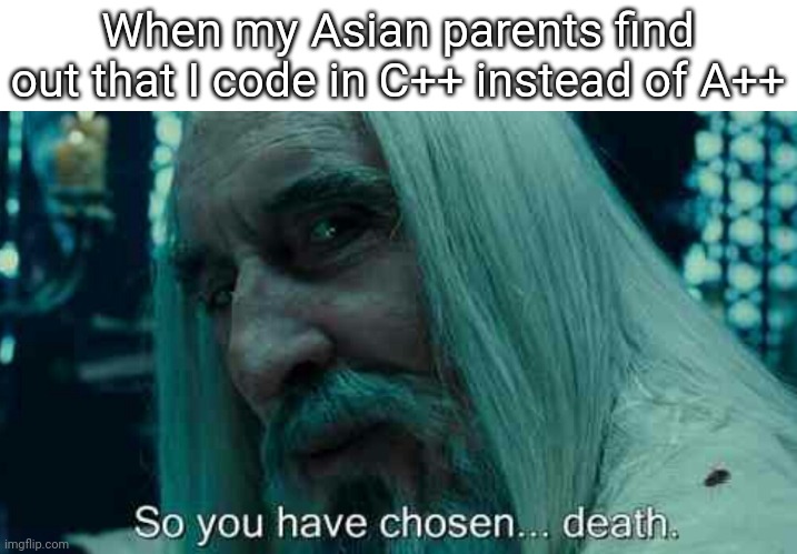 Coding | When my Asian parents find out that I code in C++ instead of A++ | image tagged in so you have chosen death | made w/ Imgflip meme maker