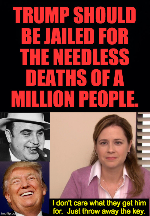 Jury duty you can love. | TRUMP SHOULD
BE JAILED FOR
THE NEEDLESS
DEATHS OF A
MILLION PEOPLE. I don't care what they get him
for.  Just throw away the key. | image tagged in memes,they're the same picture,go to jail,serial killer | made w/ Imgflip meme maker
