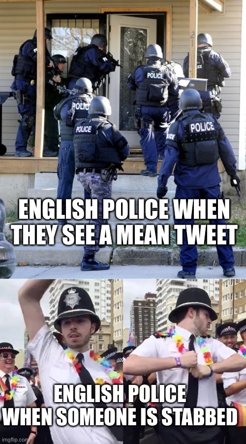 Defund the Police | ENGLISH POLICE WHEN THEY SEE A MEAN TWEET; ENGLISH POLICE WHEN SOMEONE IS STABBED | image tagged in police savior,english | made w/ Imgflip meme maker