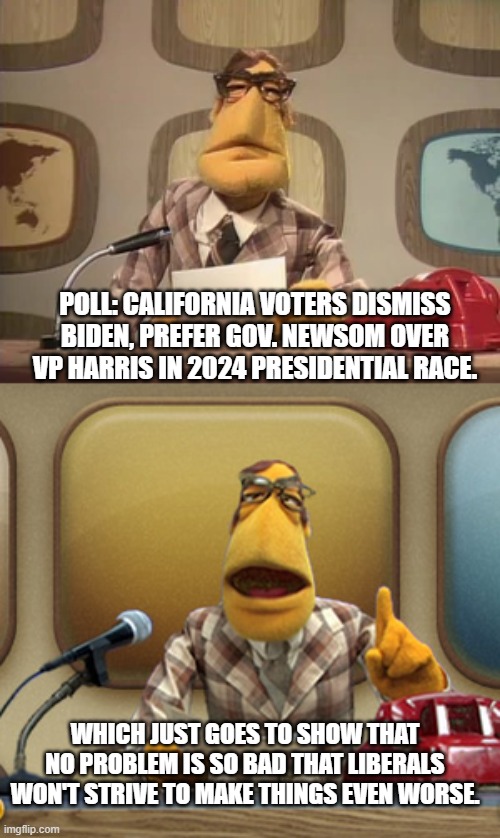 Yep . . . a real poll result. | POLL: CALIFORNIA VOTERS DISMISS BIDEN, PREFER GOV. NEWSOM OVER VP HARRIS IN 2024 PRESIDENTIAL RACE. WHICH JUST GOES TO SHOW THAT NO PROBLEM IS SO BAD THAT LIBERALS WON'T STRIVE TO MAKE THINGS EVEN WORSE. | image tagged in idiot leftists | made w/ Imgflip meme maker