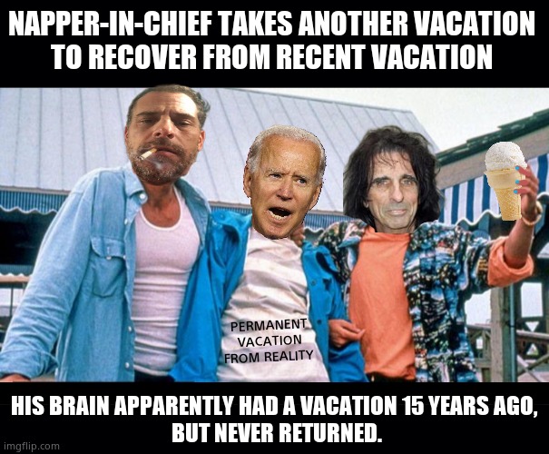 How about vacating the white house ? |  NAPPER-IN-CHIEF TAKES ANOTHER VACATION 
TO RECOVER FROM RECENT VACATION; PERMANENT
VACATION
FROM REALITY; HIS BRAIN APPARENTLY HAD A VACATION 15 YEARS AGO,
 BUT NEVER RETURNED. | image tagged in black background,weekend at bernie's,memes,creepy joe biden,vacation,political meme | made w/ Imgflip meme maker