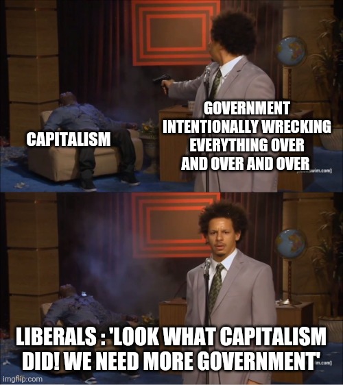 Behind every problem is a government policy, and behind every stupid conclusion Is a liberal |  GOVERNMENT INTENTIONALLY WRECKING EVERYTHING OVER AND OVER AND OVER; CAPITALISM; LIBERALS : 'LOOK WHAT CAPITALISM DID! WE NEED MORE GOVERNMENT' | image tagged in memes,who killed hannibal | made w/ Imgflip meme maker