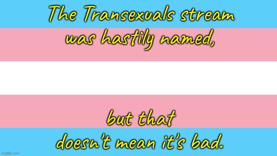 The ally who created the stream didn't know then, but he does now. | The Transexuals stream
was hastily named, but that doesn't mean it's bad. | image tagged in trans pride flag,lgbt,transgender,stream | made w/ Imgflip meme maker