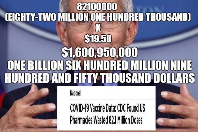 Because...Science | 82100000 
(EIGHTY-TWO MILLION ONE HUNDRED THOUSAND)

X
$19.50; $1,600,950,000
ONE BILLION SIX HUNDRED MILLION NINE HUNDRED AND FIFTY THOUSAND DOLLARS | image tagged in memes,government corruption,dr fauci,inflation,theft,political meme | made w/ Imgflip meme maker