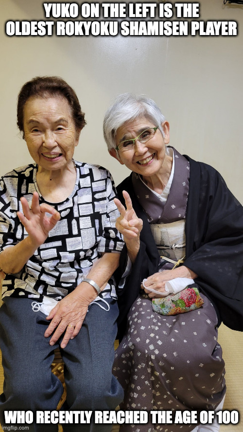 Yuko and Toyoko | YUKO ON THE LEFT IS THE OLDEST ROKYOKU SHAMISEN PLAYER; WHO RECENTLY REACHED THE AGE OF 100 | image tagged in memes,rokyoku | made w/ Imgflip meme maker