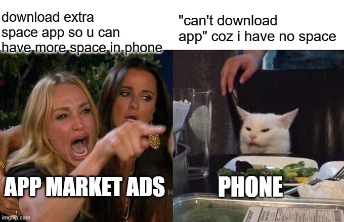 can't delete files | download extra space app so u can have more space in phone; "can't download app" coz i have no space; APP MARKET ADS; PHONE | image tagged in memes,woman yelling at cat | made w/ Imgflip meme maker