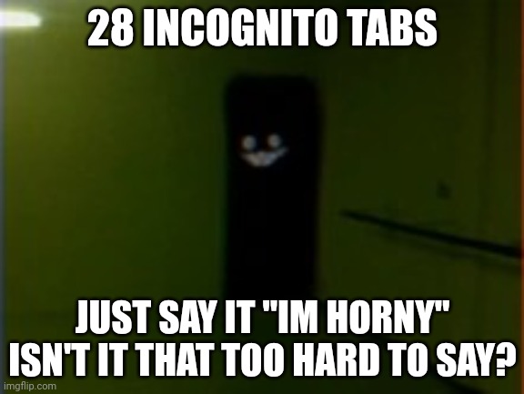 Backrooms Smiler | 28 INCOGNITO TABS; JUST SAY IT "IM HORNY" ISN'T IT THAT TOO HARD TO SAY? | image tagged in backrooms smiler | made w/ Imgflip meme maker